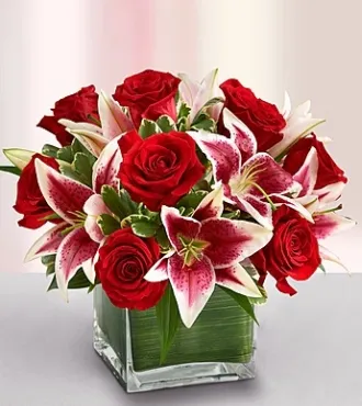 Modern Embrace Red Roses and Lilies Bouquet - Click Image to Close