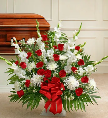 Red and White Sympathy Floor Basket - Click Image to Close
