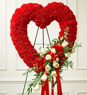 Red Sympathy Open Heart Standing Spray with White Roses - Click Image to Close
