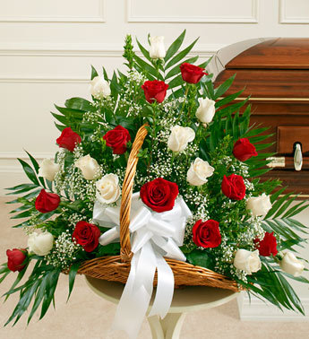 Red and White Roses Sympathy Fireside Basket