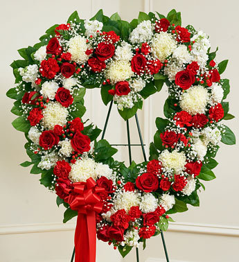Red and White Sympathy Open Heart Standing Spray - Click Image to Close