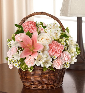 Pink & White Blessings Basket - Click Image to Close