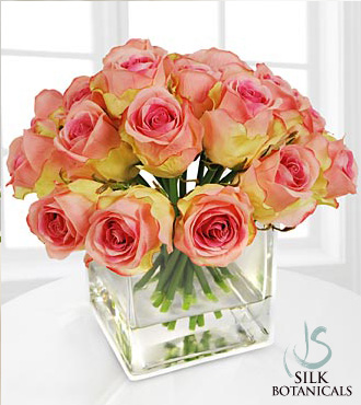 Pink Rose Buds in Square Glass Vase