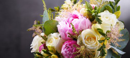 Composition with bouquet of freshly cut flowers