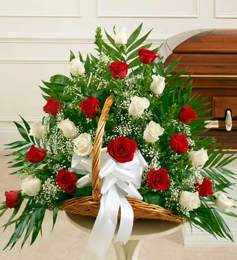 Red and White Roses Sympathy Fireside Basket - Click Image to Close
