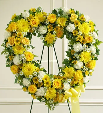 Yellow Sympathy Open Heart Standing Spray - Click Image to Close