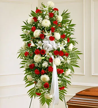 Red and White Sympathy Standing Spray - Click Image to Close