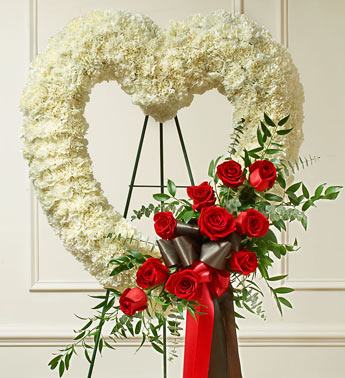 White Sympathy Open Heart Standing Spray with Red Roses