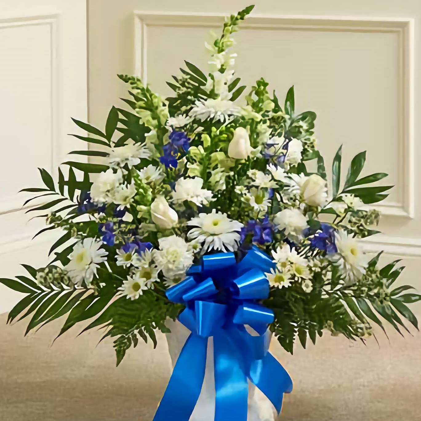 Blue & White Sympathy Floor Basket - Royal Fleur Florist